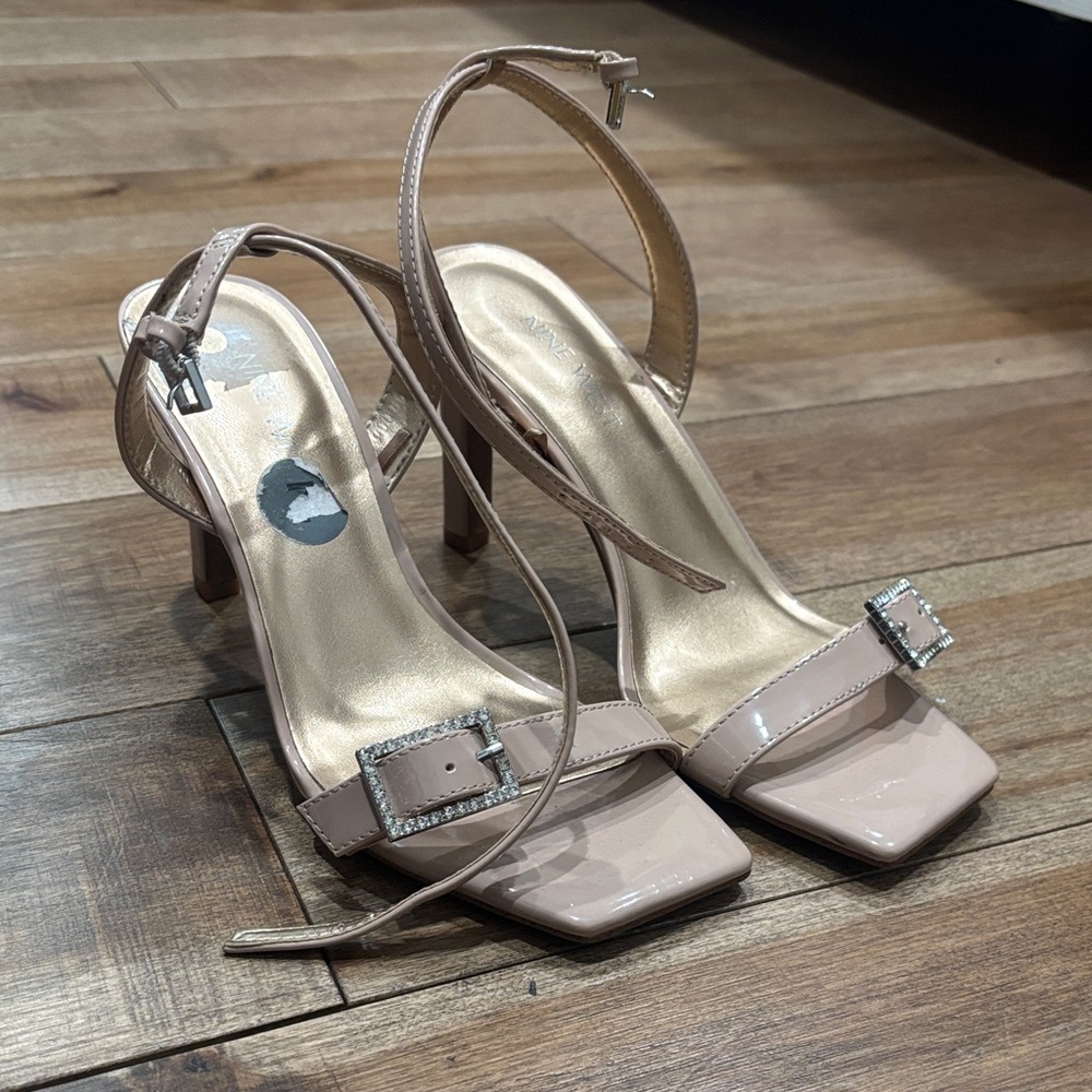 Nine West Blush Patent Strappy Heeled Sandals with Rhinestone Buckles